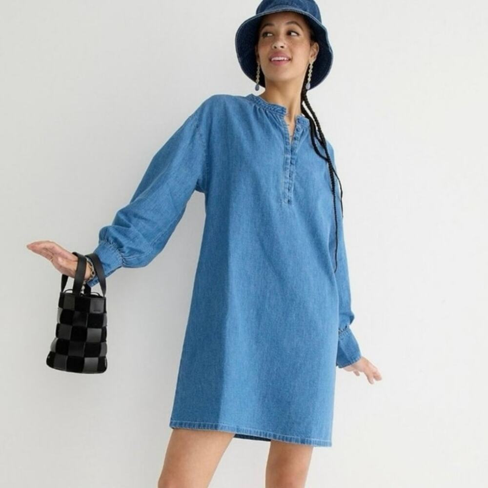 J. Crew Button Shift Denim Chambray Long Sleeve Indigo Blue Dress, Size XL